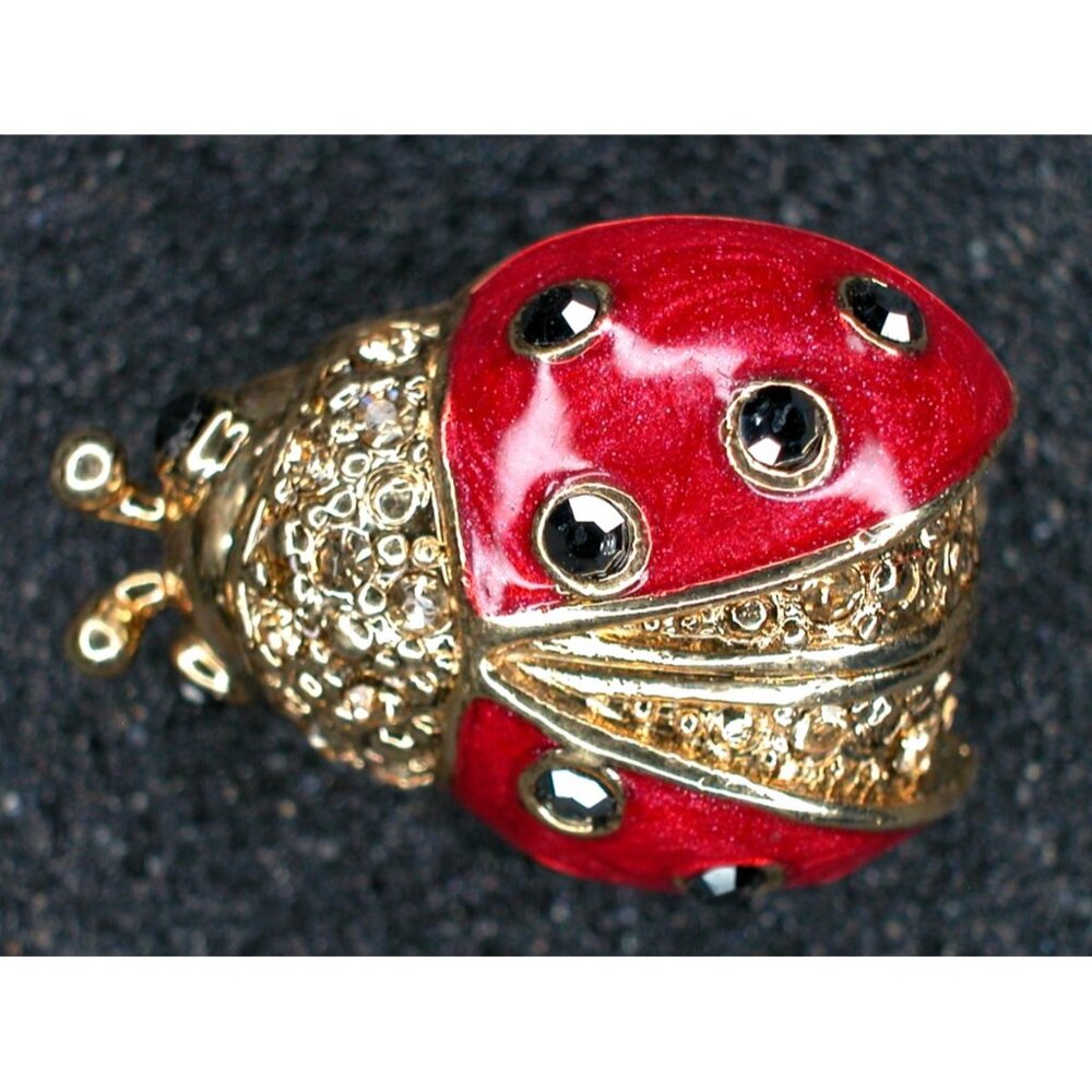 Vintage Gold Tone & Red Enamel Ladybug Pin Brooch With Black Rhinestone Accents